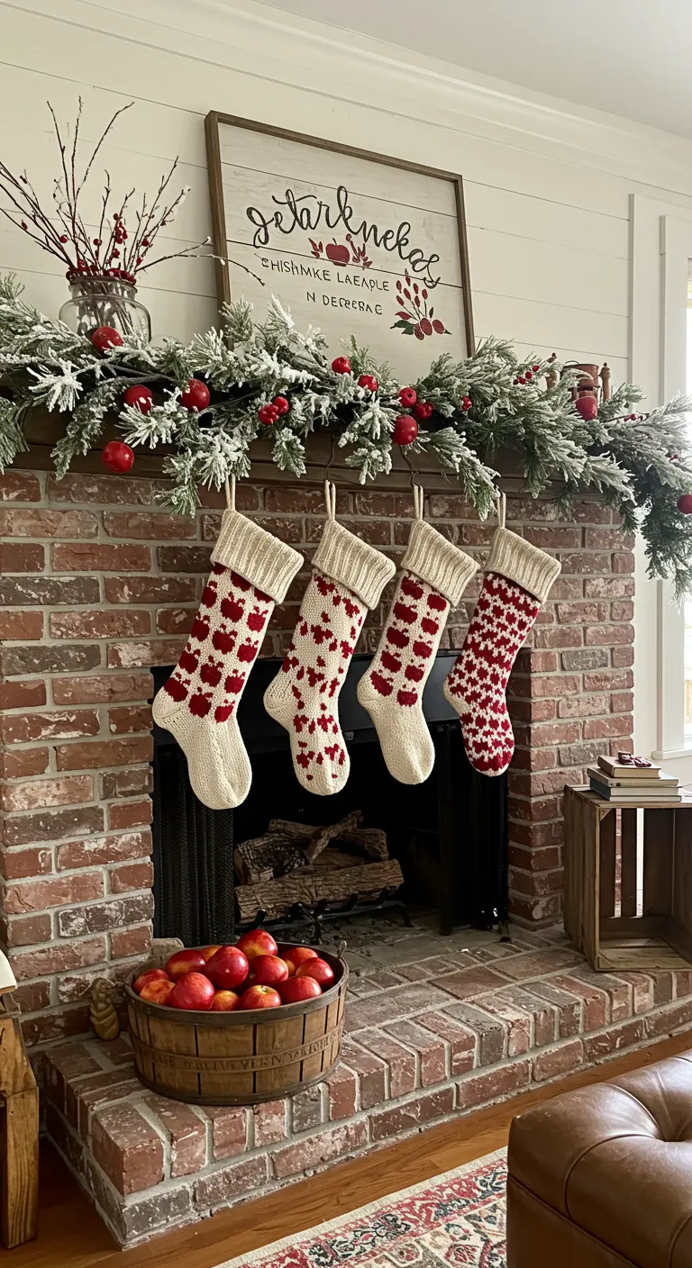 Cheminée en briques avec des chaussettes à motifs de pommes et un panier de pommes.