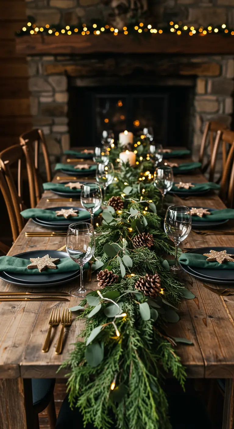 Table de fête rustique avec une longue guirlande de verdure et des lumières.