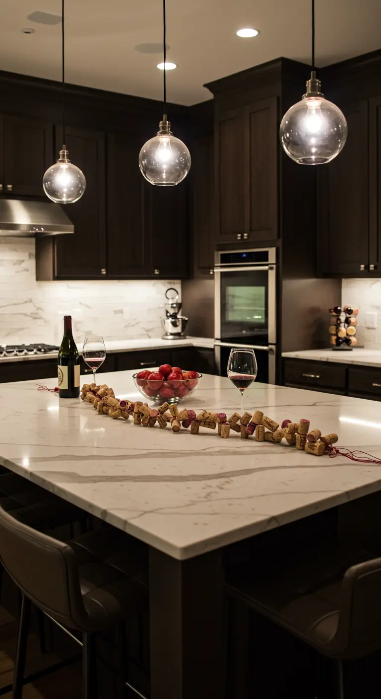 Guirlande de bouchons de liège posée comme un chemin de table sur un îlot de cuisine moderne.