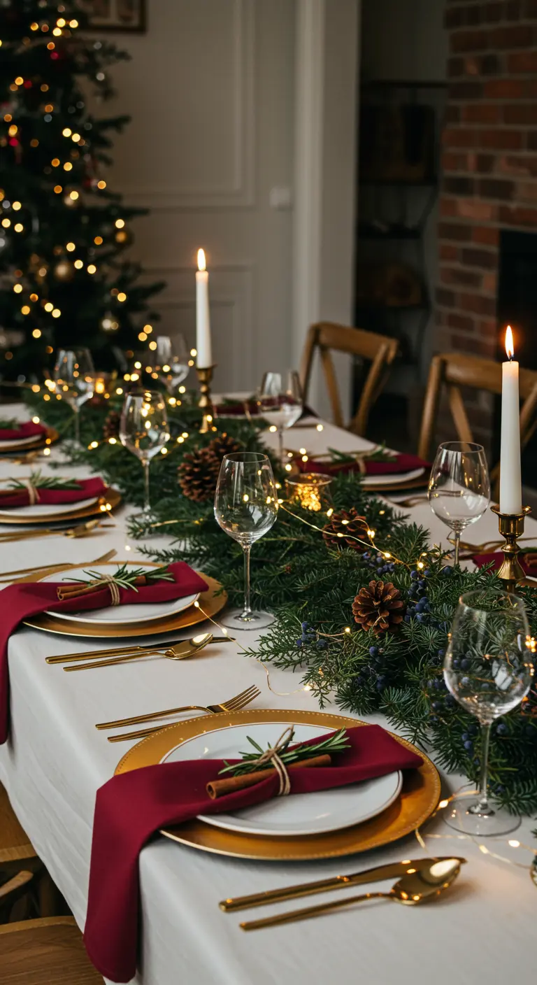 Guirlande de Noël avec pommes de pin, romarin et bougies sur une table festive.