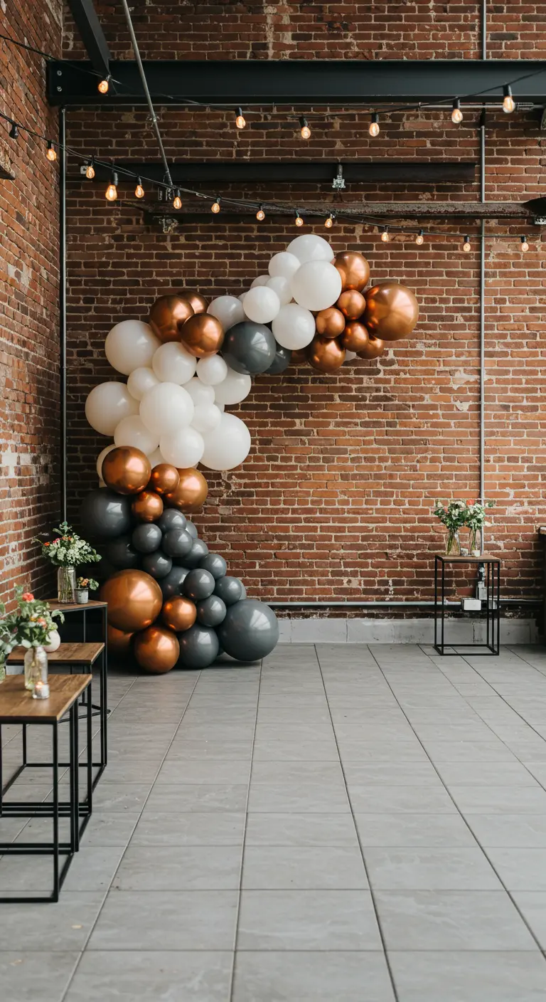 Guirlande de ballons gris, blancs et cuivrés sur un mur de briques dans un espace industriel.