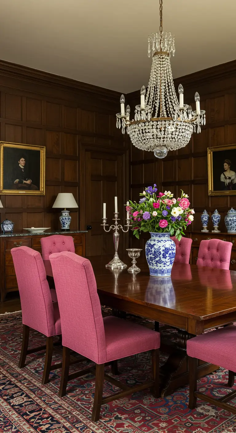 Salle à manger classique avec boiseries, une table en bois foncé et des chaises rembourrées de rose vif.
