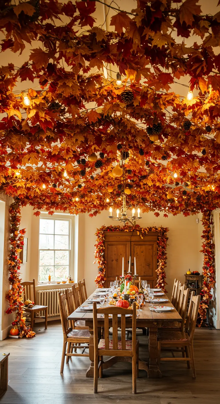 Plafond d'une salle à manger entièrement couvert de feuilles d'automne et de petites lumières chaudes.