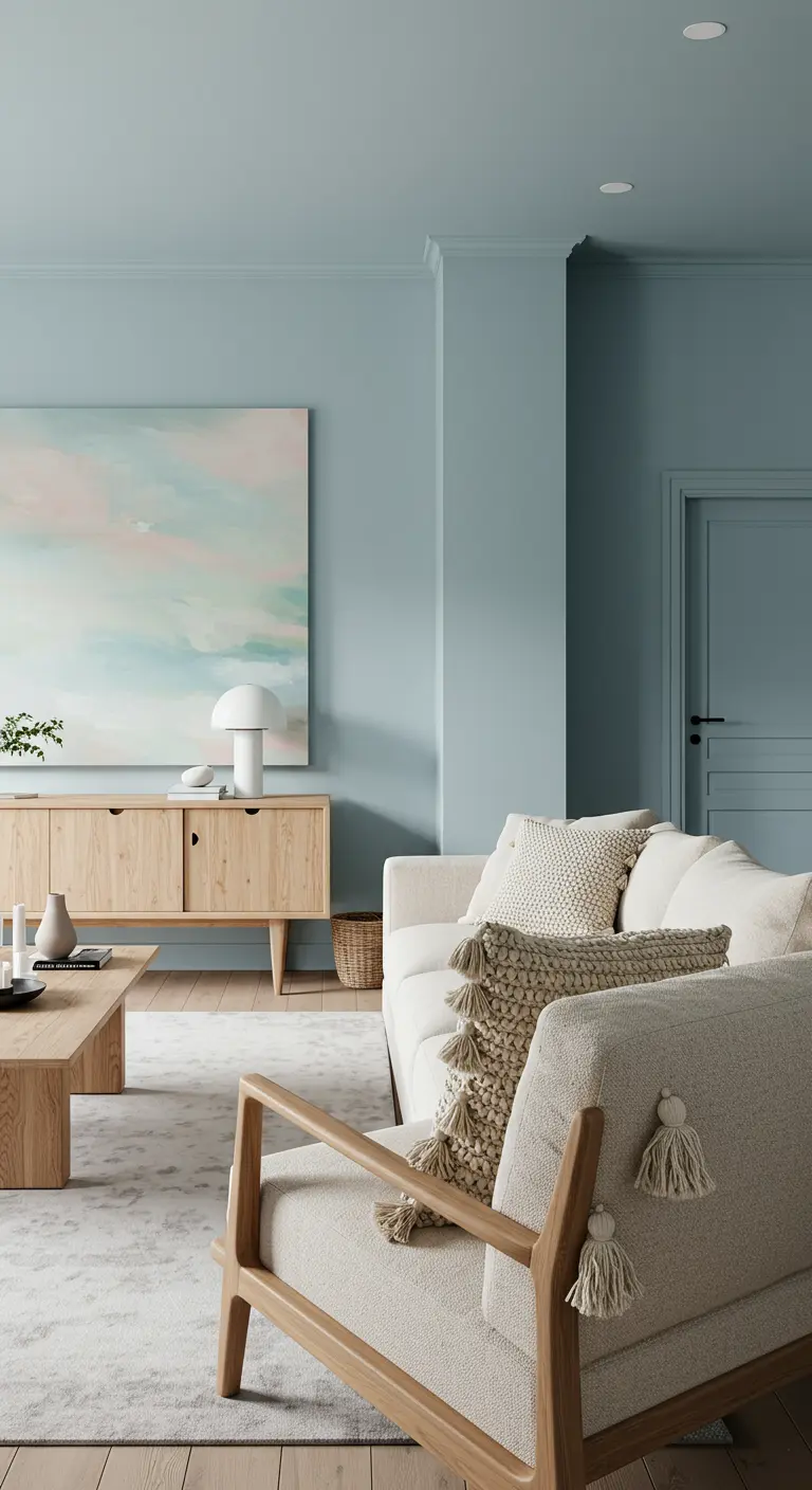 Salon scandinave aux murs bleu pastel, fauteuil en bois clair et coussins à pompons.