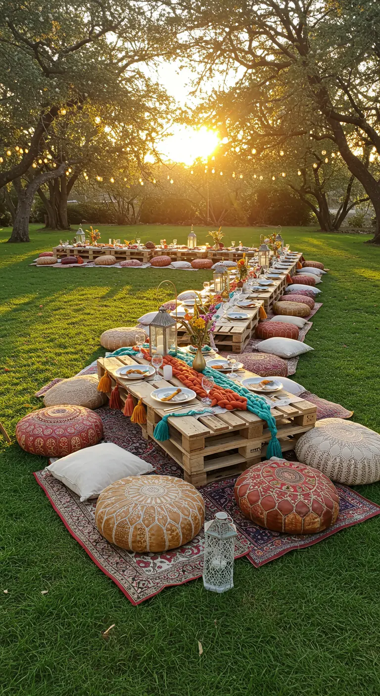 Tables de pique-nique basses sur l'herbe sous des guirlandes lumineuses au crépuscule.