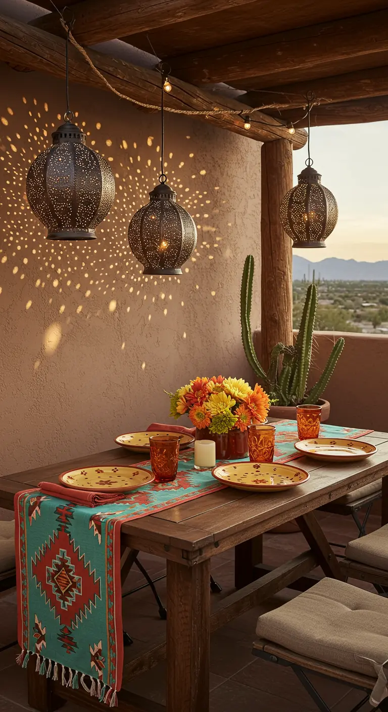 Table sur une terrasse de style sud-ouest avec des lanternes en métal projetant des motifs lumineux