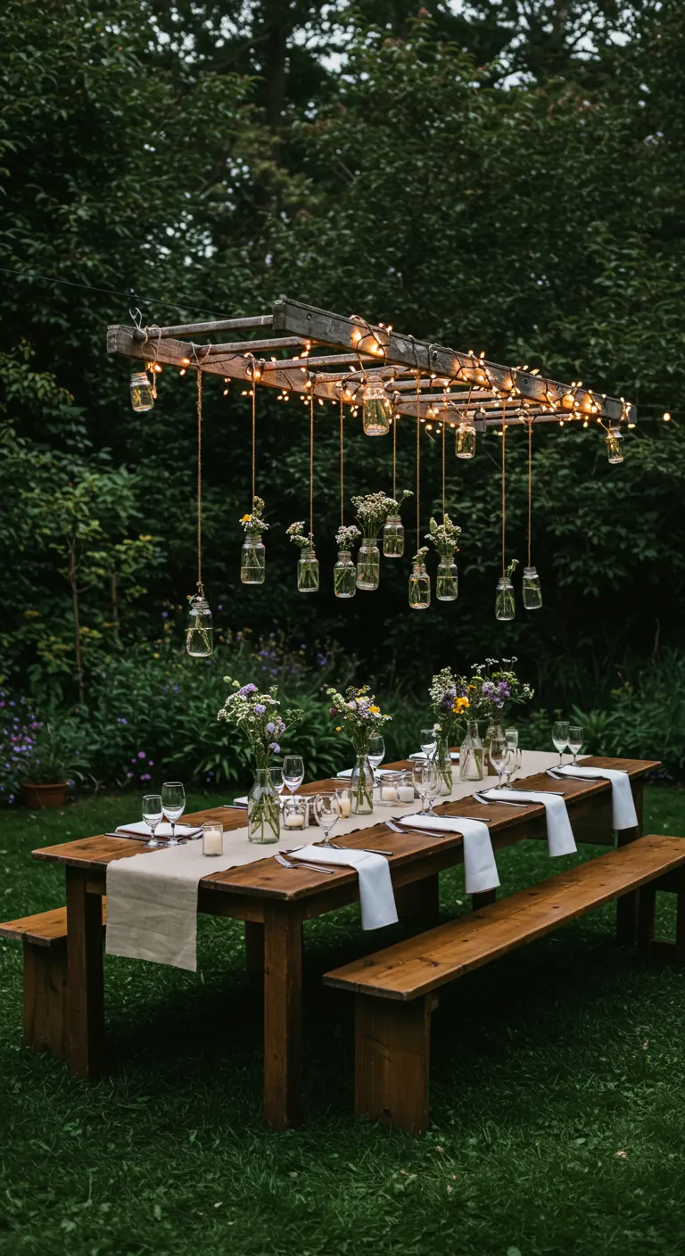 Échelle en bois suspendue avec guirlandes lumineuses et bocaux fleuris.