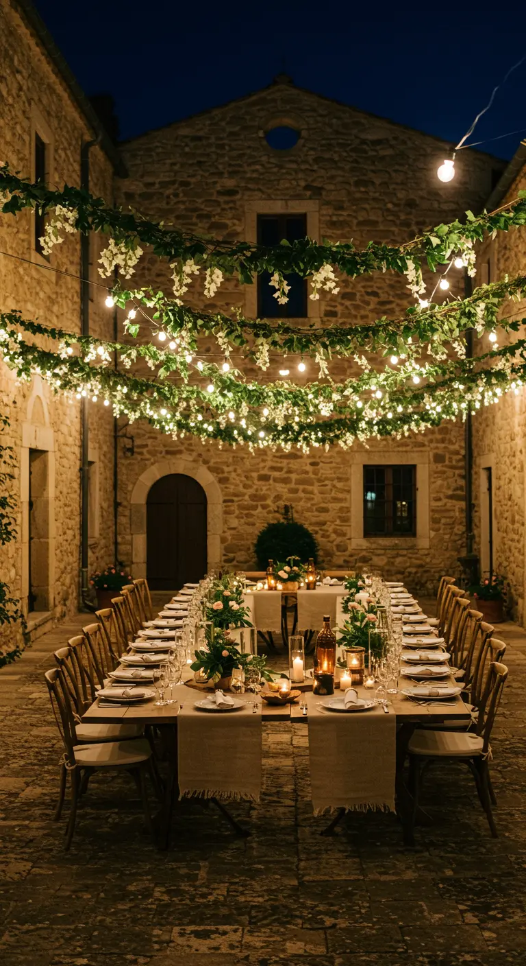 Longue table de mariage dans une cour en pierre sous un plafond de guirlandes lumineuses.