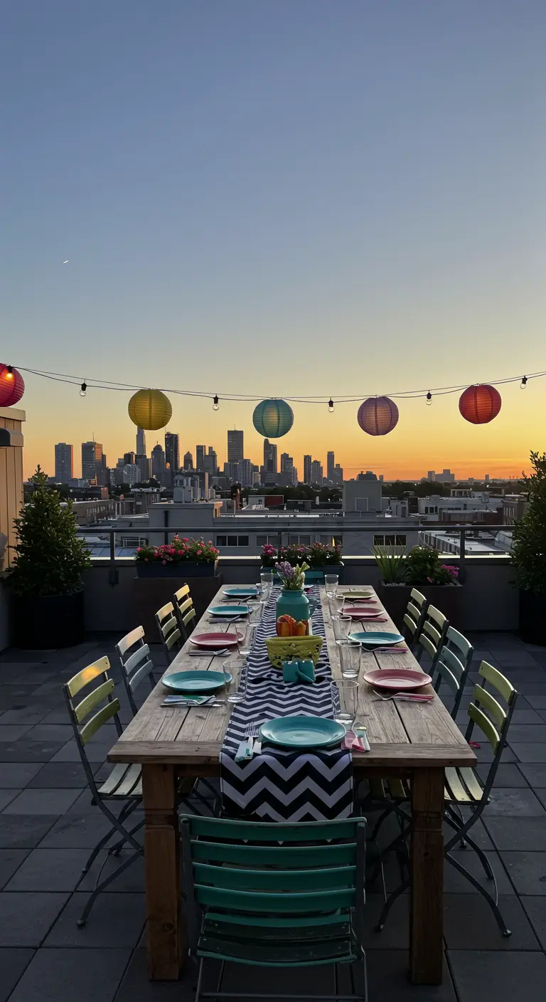 Table dressée sur un rooftop au crépuscule, avec des lampions colorés suspendus