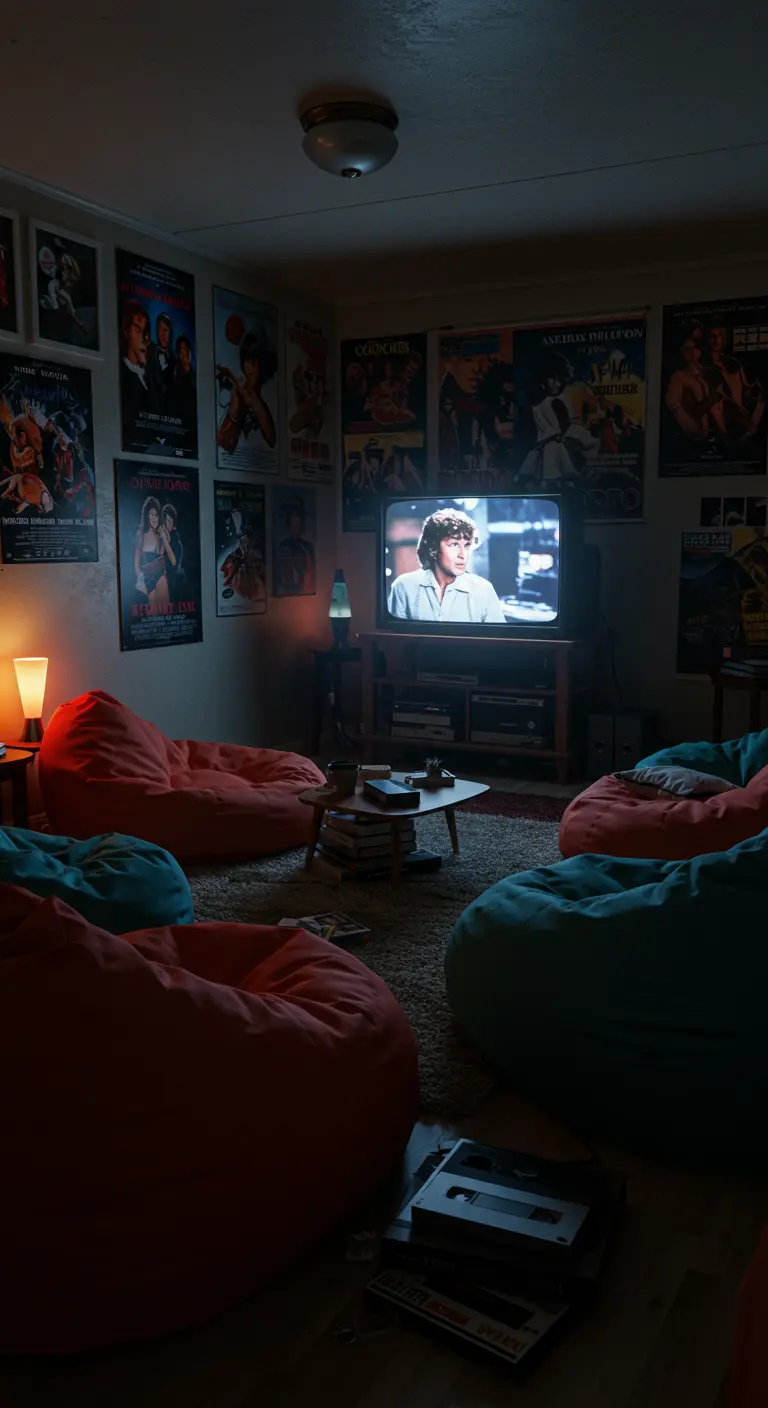 Salon tamisé avec des poufs, des posters de films des années 80 et une vieille télé.