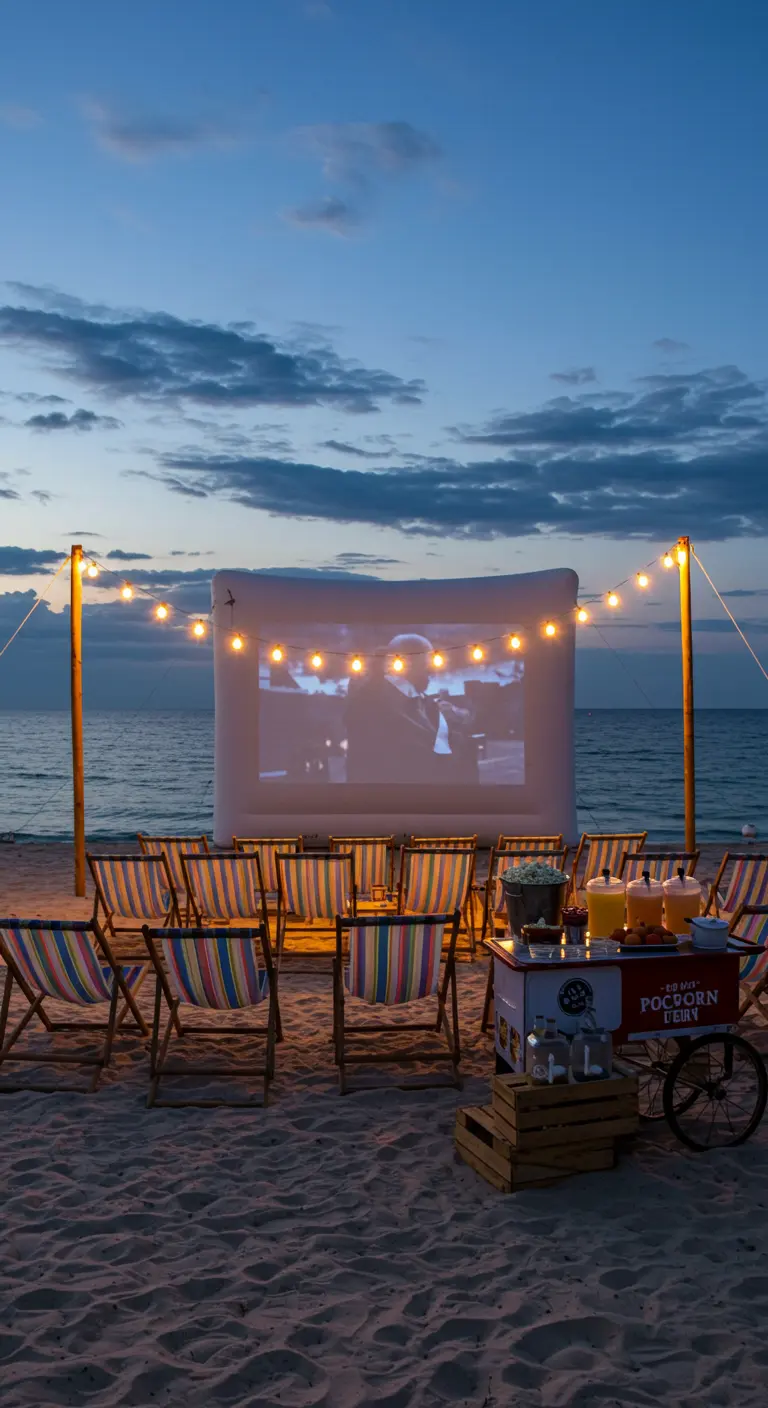 Cinéma en plein air sur la plage avec un écran gonflable et des chaises longues.