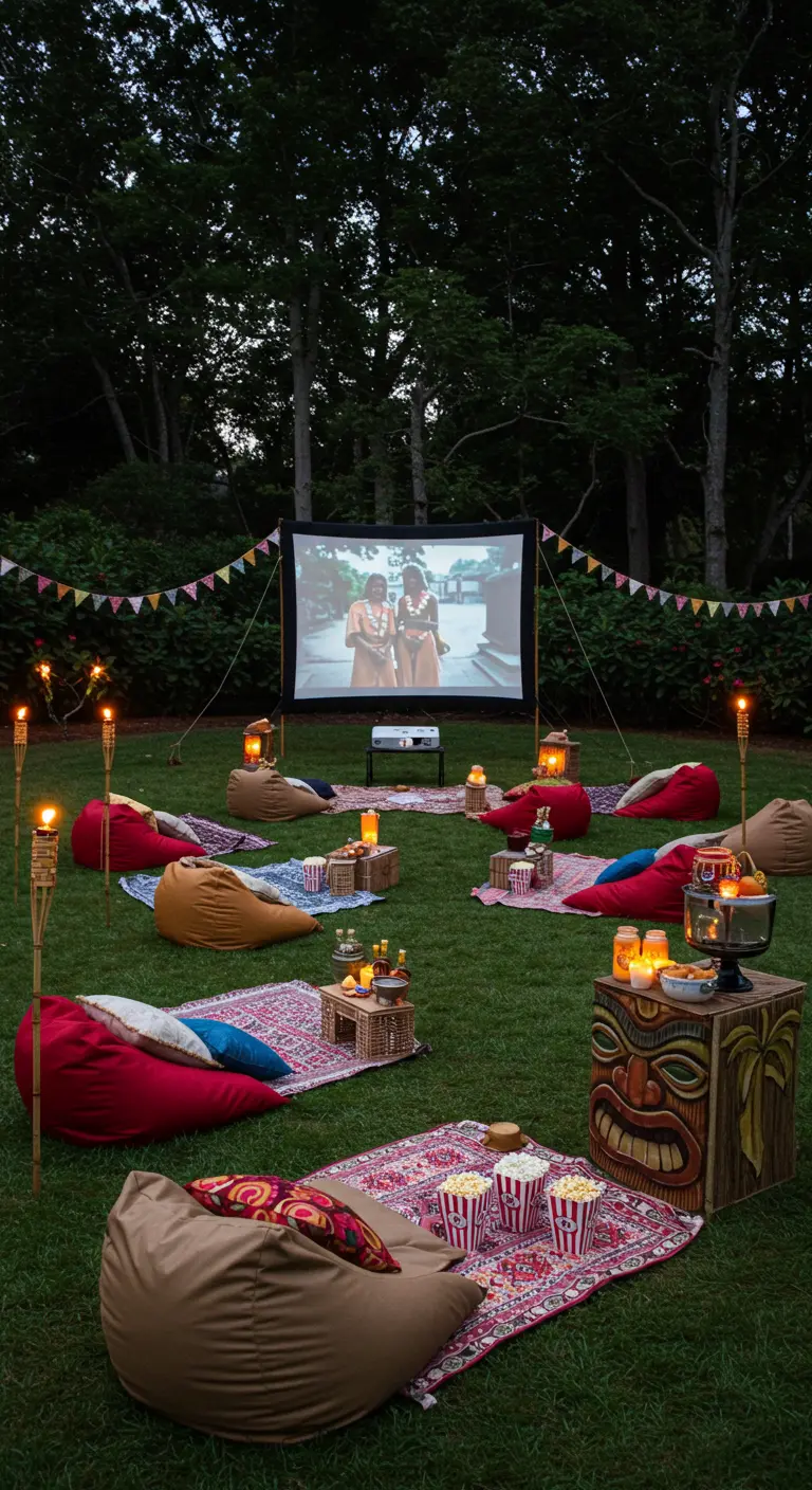 Cinéma en plein air dans un jardin avec des poufs, des tapis et une décoration tiki.