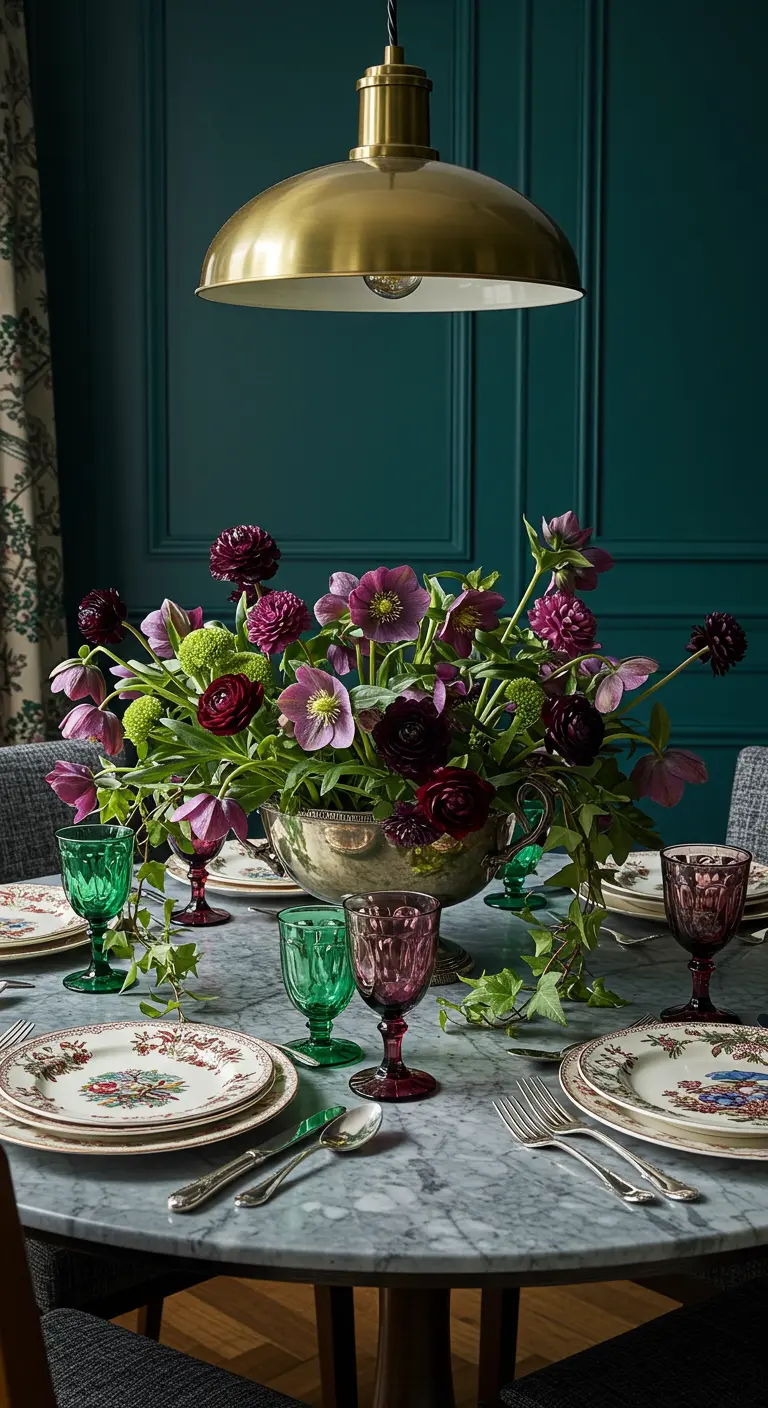 Bouquet de fleurs dans des tons prune et vert sombre dans un récipient en argent.