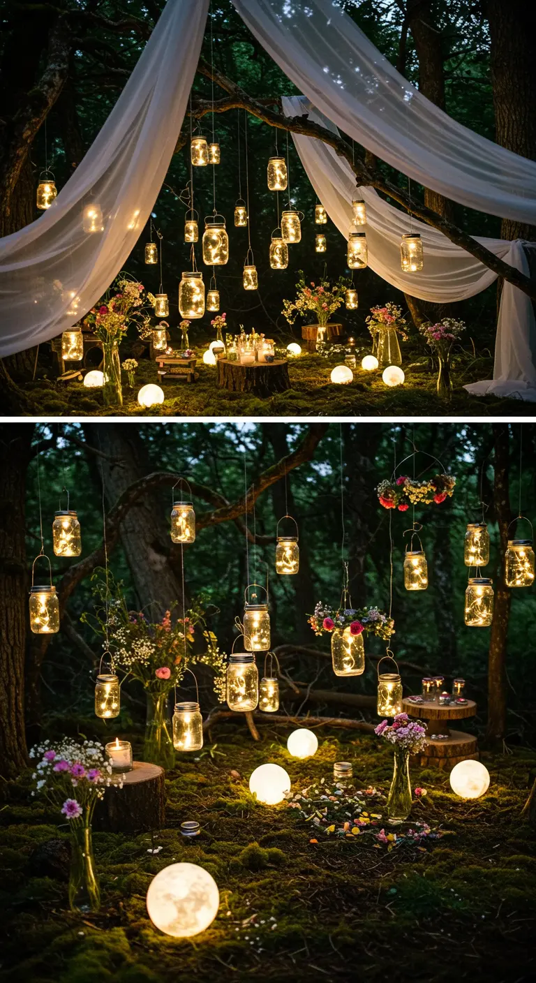 Scène de forêt nocturne avec des bocaux lumineux suspendus et des voiles blancs.