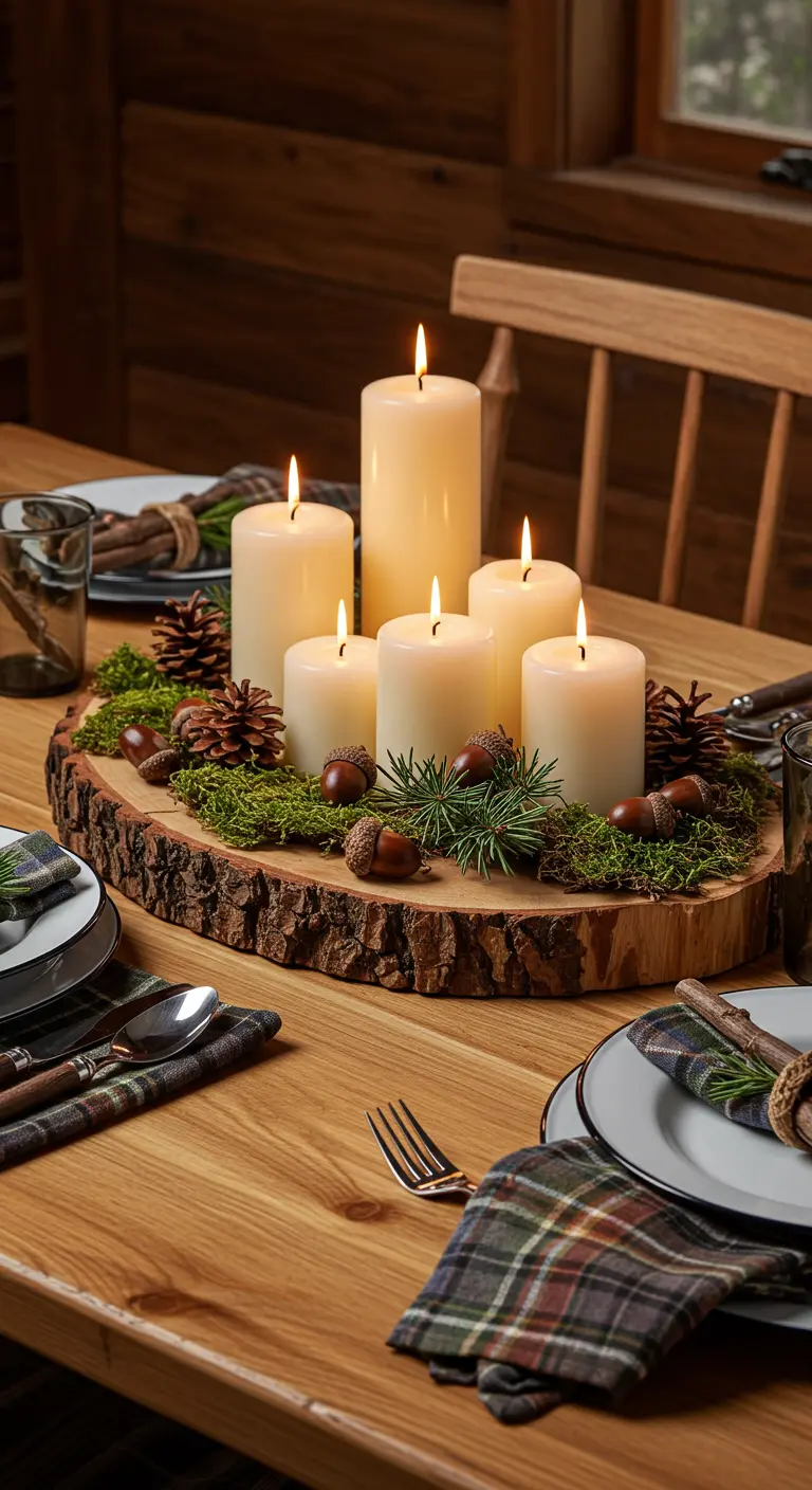 Rondin de bois avec des bougies piliers, de la mousse et des pommes de pin.