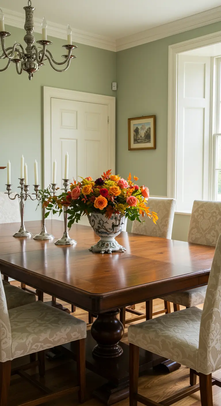 Table en bois classique dans une salle à manger vert sauge, avec des chandeliers en argent et un grand bouquet.