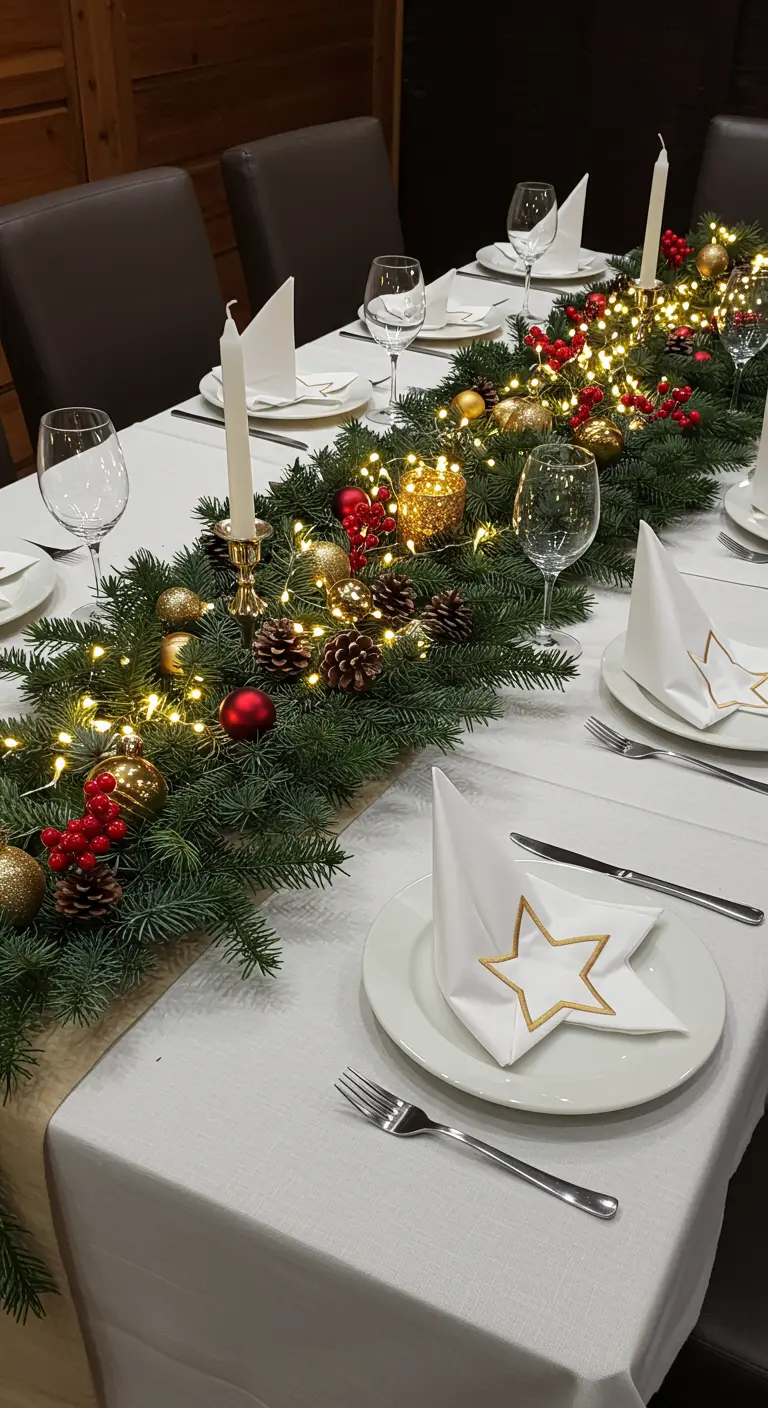 Longue table blanche avec une guirlande de sapin, décorations rouges et dorées.