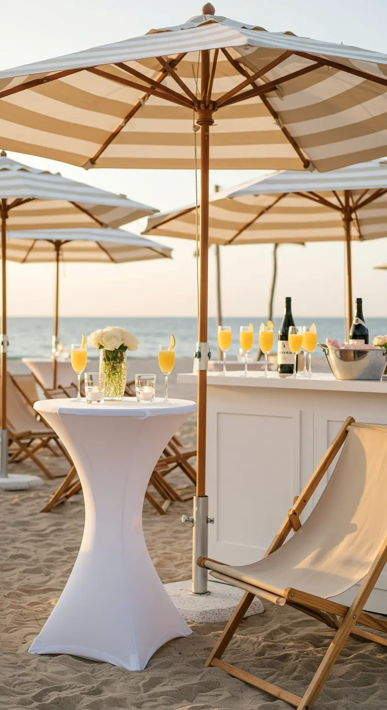 Bar de cocktail élégant sur la plage avec des mange-debout blancs et des parasols beiges.