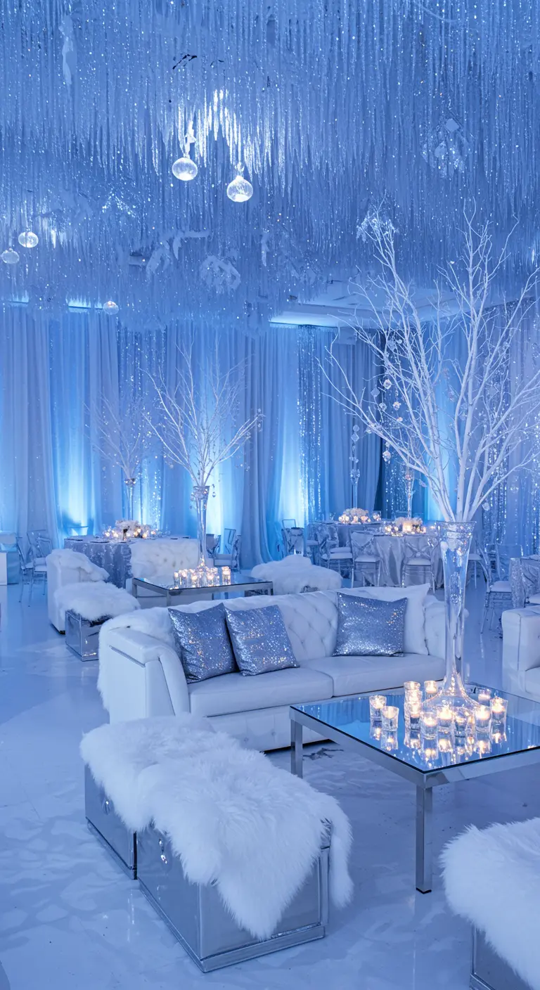 Salon de fête blanc et argenté, ambiance palais de glace avec stalactites.