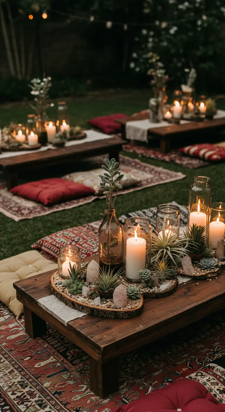 Centre de table avec succulentes et cristaux sur une table basse, entourée de coussins au sol.