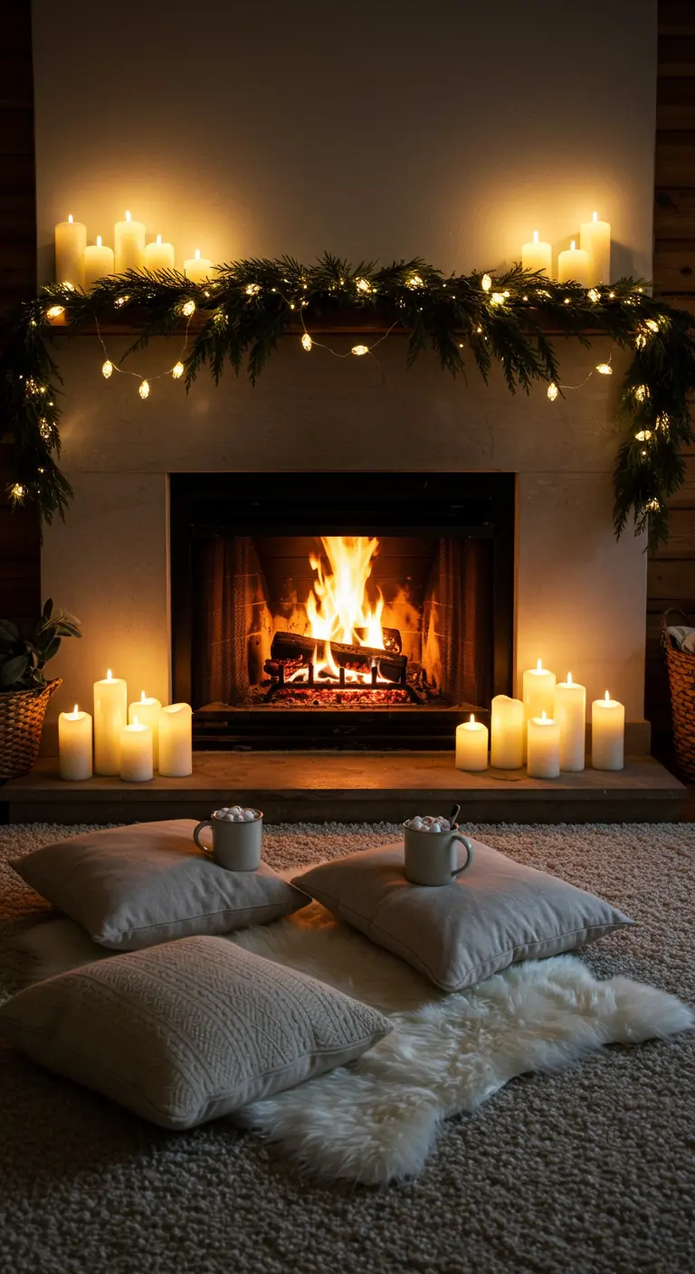 Une cheminée allumée décorée de guirlandes et de bougies, avec des coussins au sol.