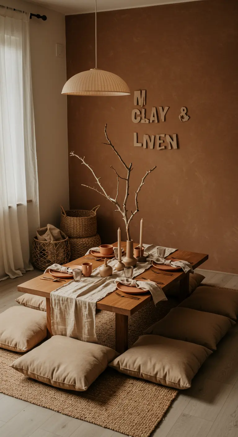 Dîner au sol dans une pièce aux murs terracotta avec une table basse et des coussins beiges.