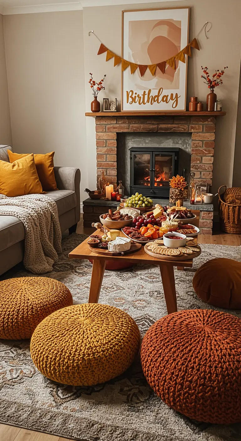 Salon cosy avec des poufs et une table basse garnie de nourriture pour une fête d'automne.