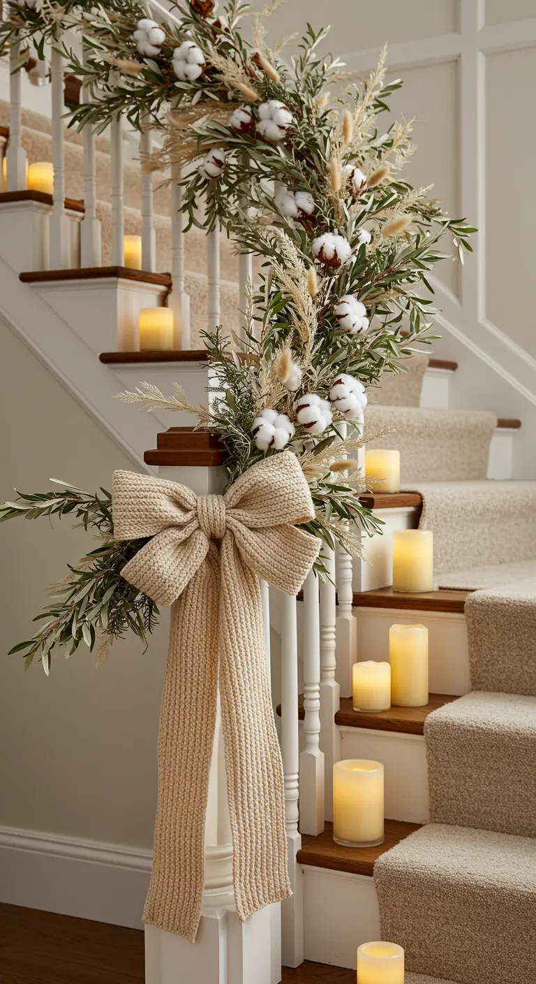 Guirlande de Noël avec fleurs de coton, herbes séchées et un grand nœud en tricot.