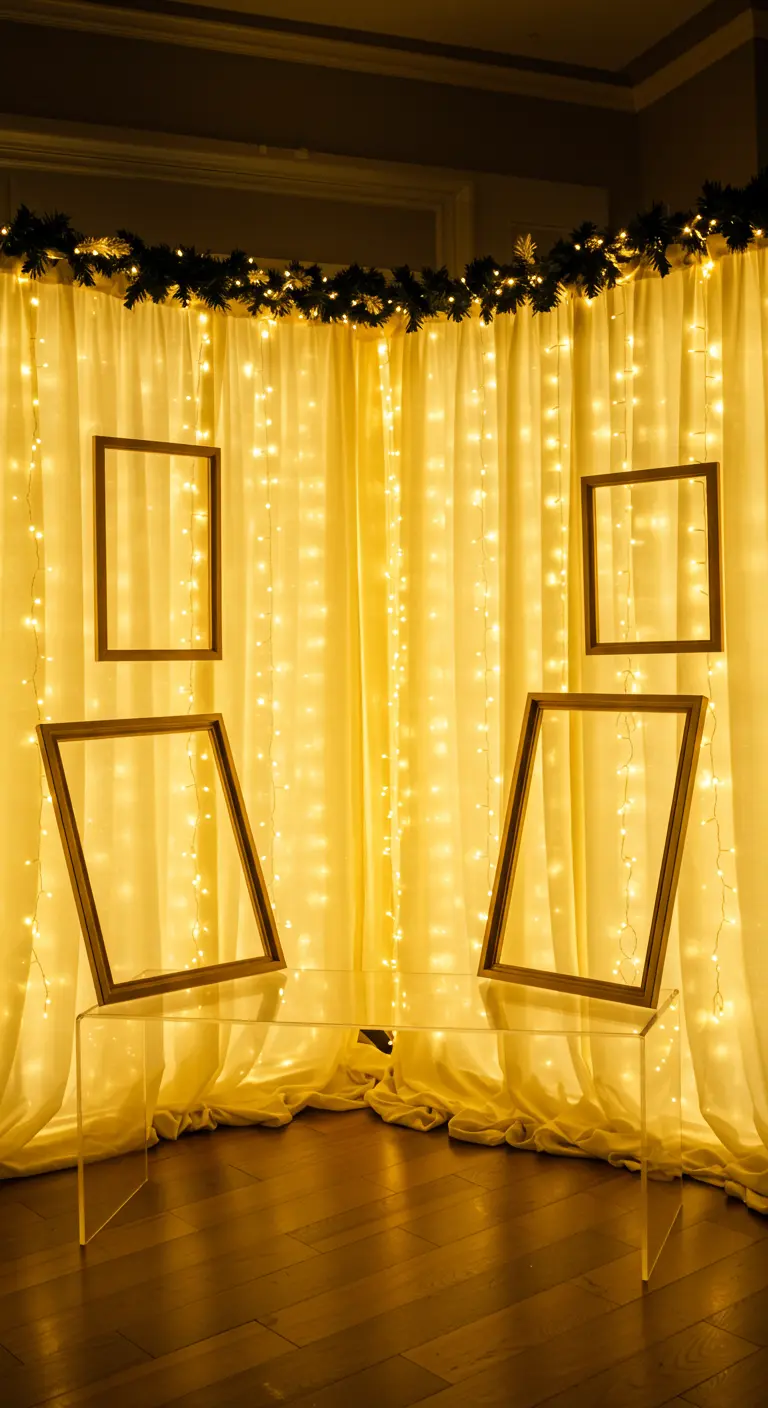 Coin photo lumineux avec rideaux transparents, guirlandes et banc en acrylique.
