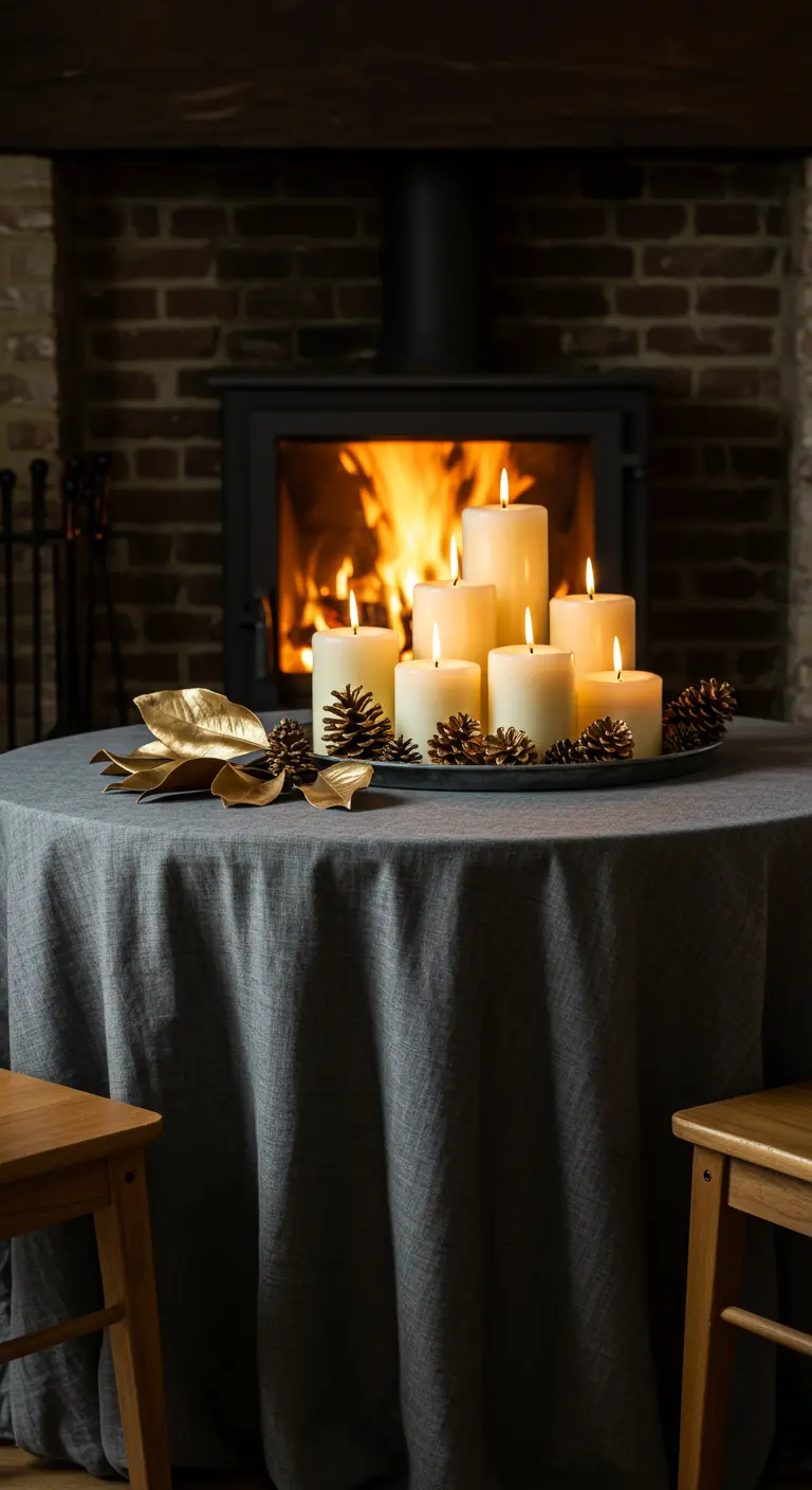Table ronde devant une cheminée avec un groupe de bougies et des feuilles dorées.
