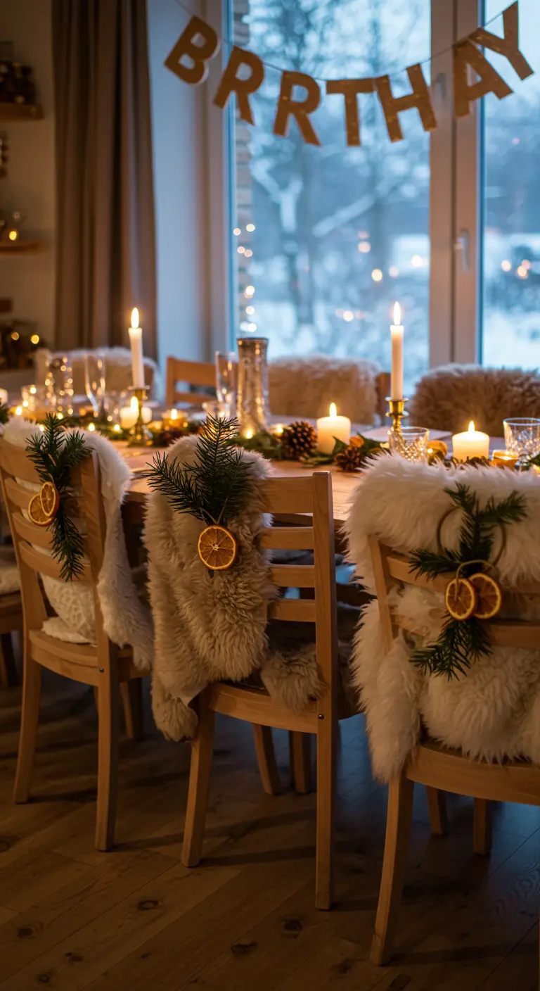 Chaises en bois avec des peaux de mouton, des branches de pin et des oranges séchées.
