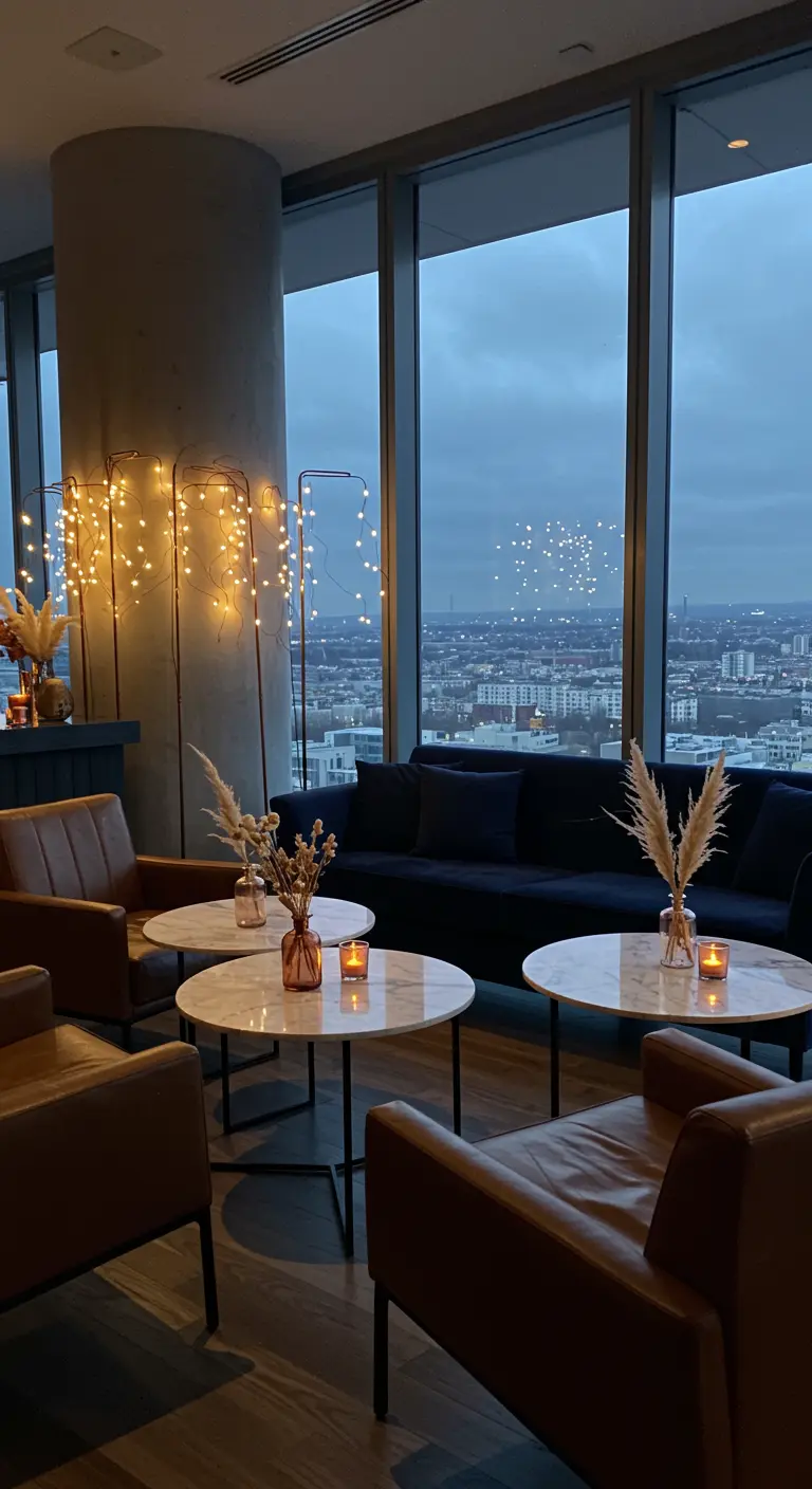 Coin salon moderne avec vue sur la ville, éclairé par des guirlandes sur pied.