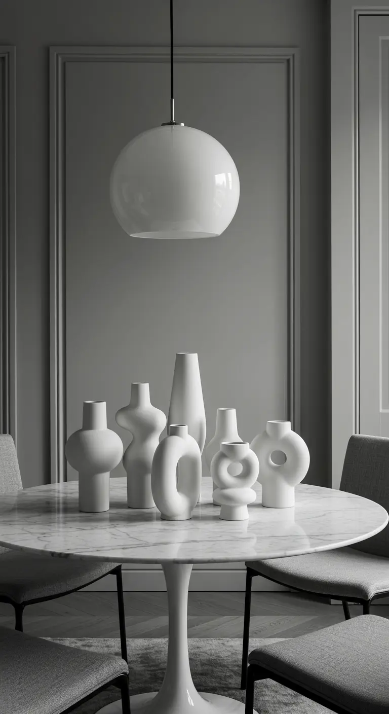 Un groupe de vases en céramique blanche aux formes diverses sur une table en marbre.