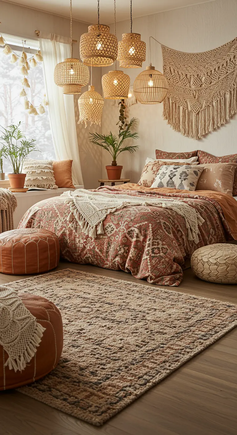 Chambre bohème avec tapis berbère, poufs en cuir, et suspensions en rotin.