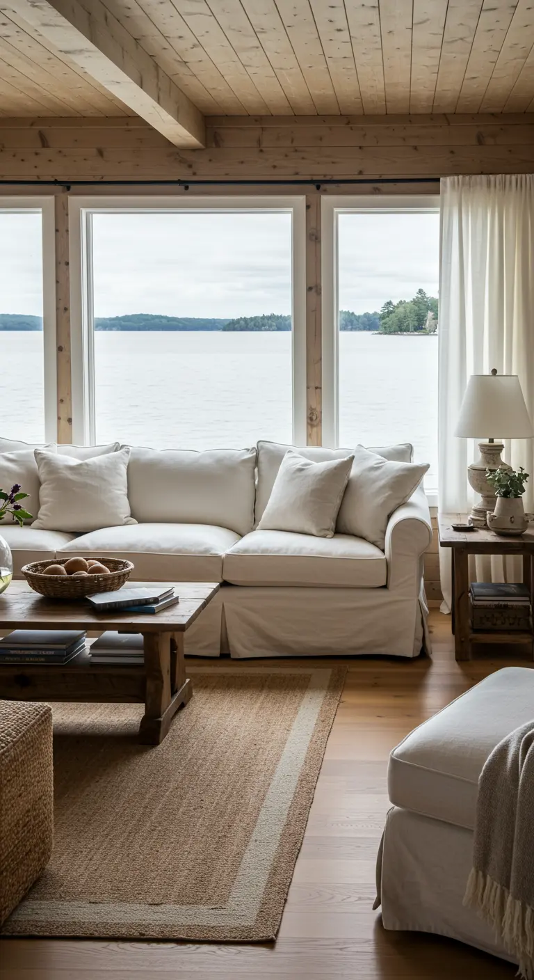 Salon avec vue sur un lac, canapé blanc et murs en lambris