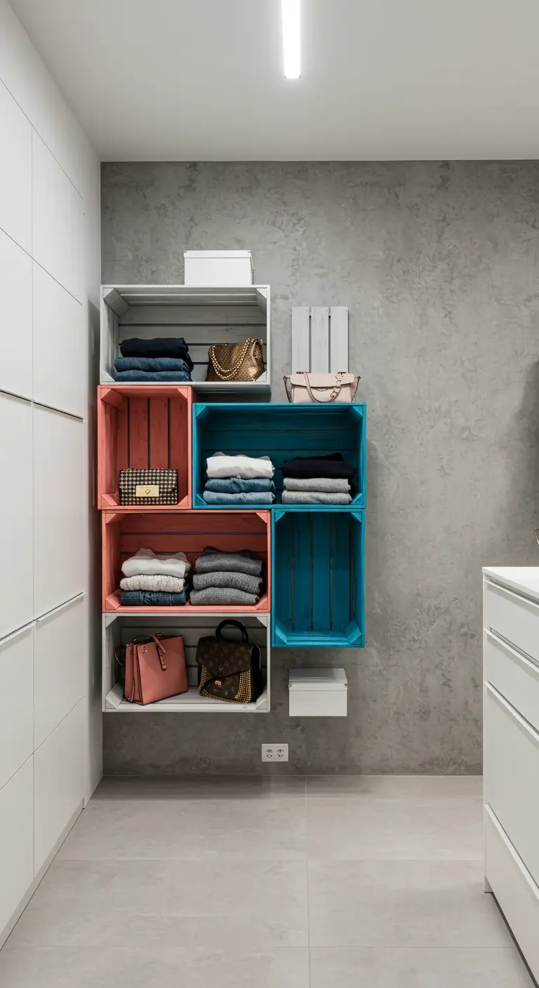 Une composition murale de caisses en bois peintes en blanc, corail et bleu, remplies de vêtements.