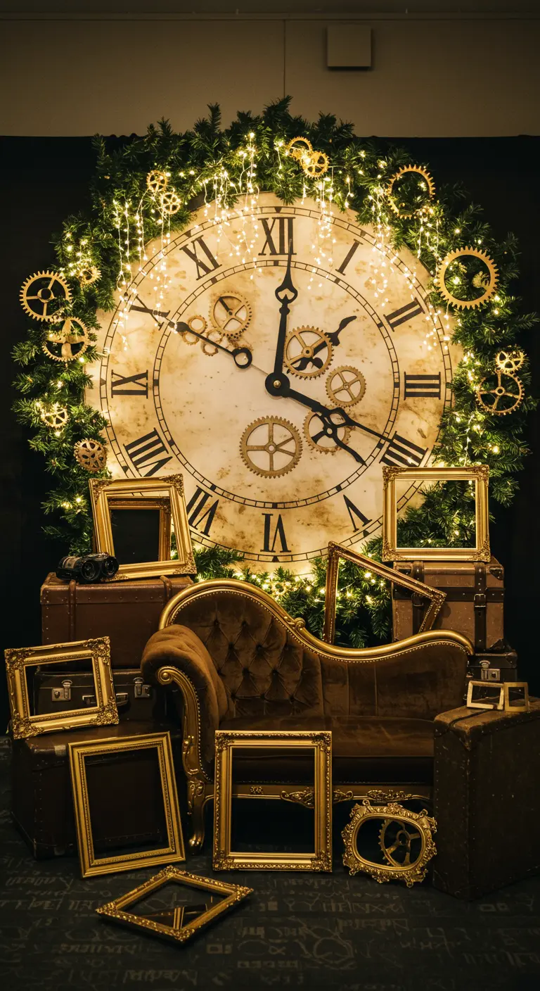 Grand cadran d'horloge décoré pour le Nouvel An avec des engrenages.