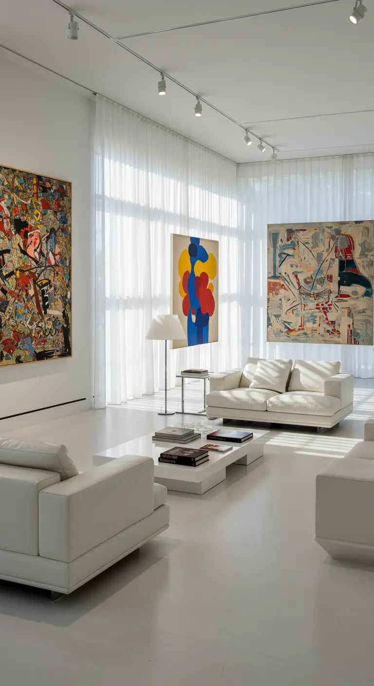 Salon blanc de style galerie d'art avec des tableaux colorés