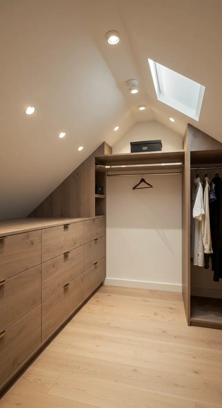 Dressing aménagé sous les combles avec une commode basse et une penderie haute.