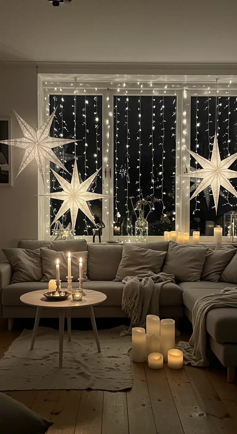 Fenêtre de salon décorée de grandes étoiles lumineuses suspendues et de guirlandes rideaux.