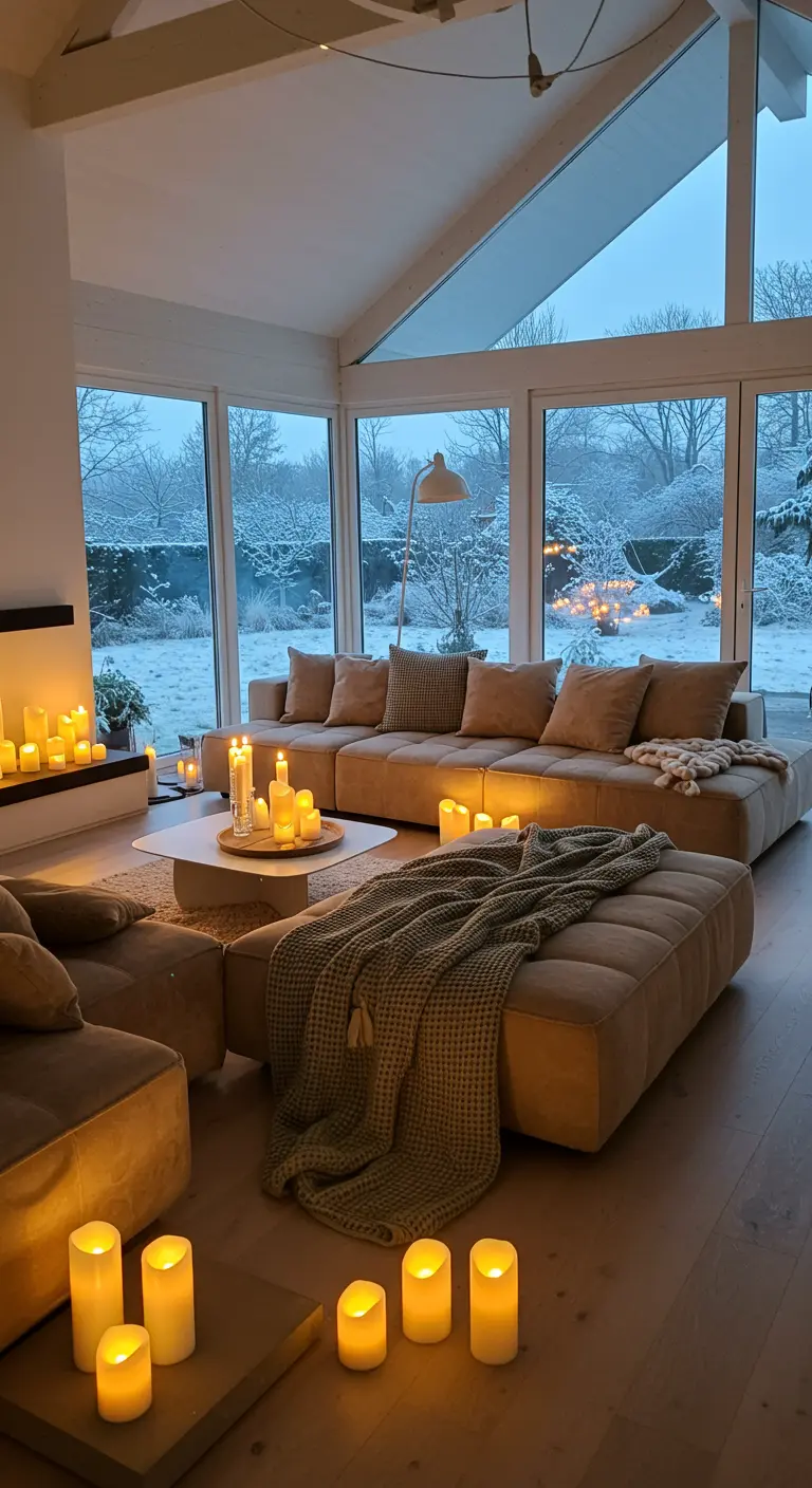 Grand salon moderne avec de nombreuses bougies LED au sol et vue sur la neige.