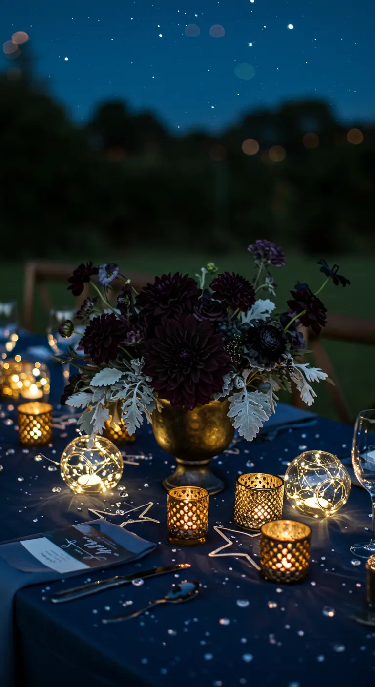 Bouquet de fleurs sombres entouré de photophores dorés et de guirlandes lumineuses sur une nappe bleue.