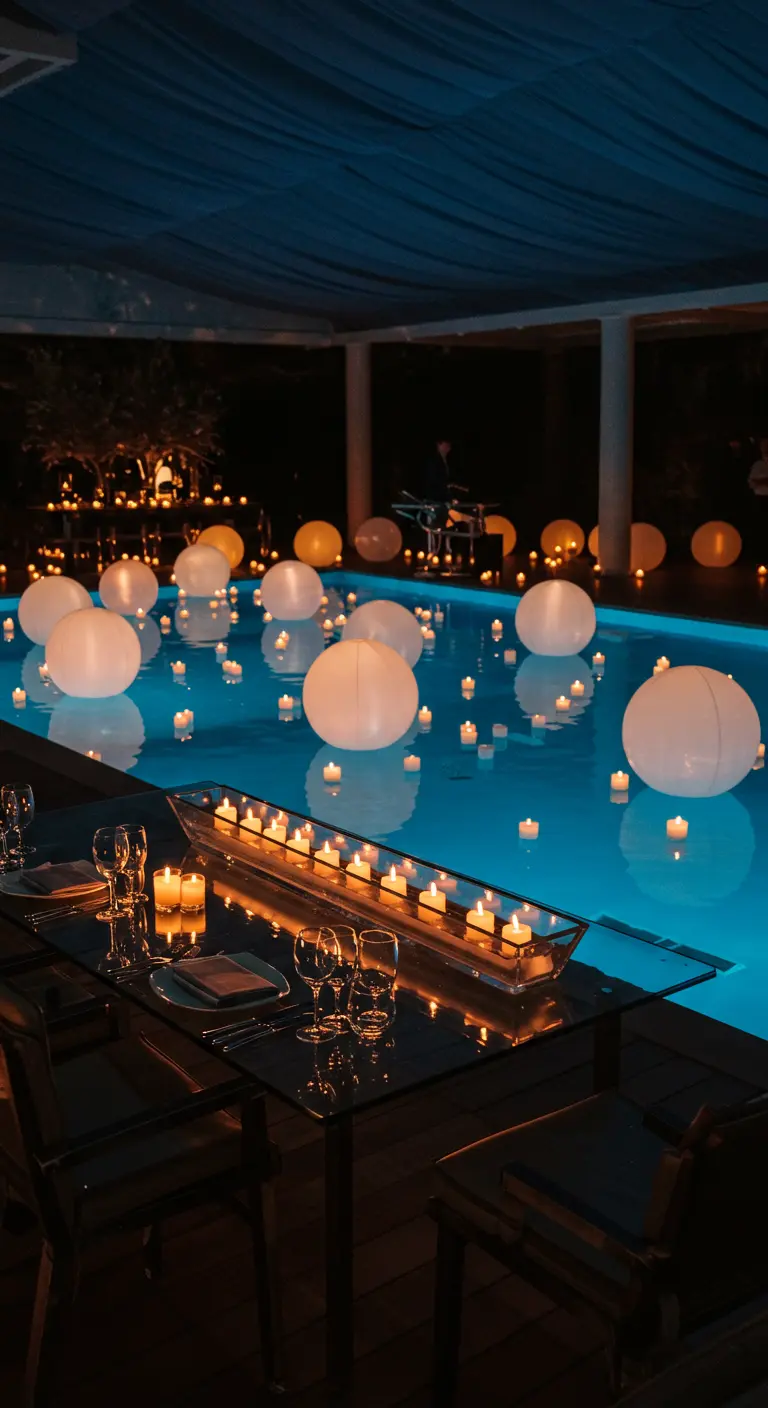Dîner au bord d'une piscine illuminée par des boules lumineuses et des bougies flottantes.