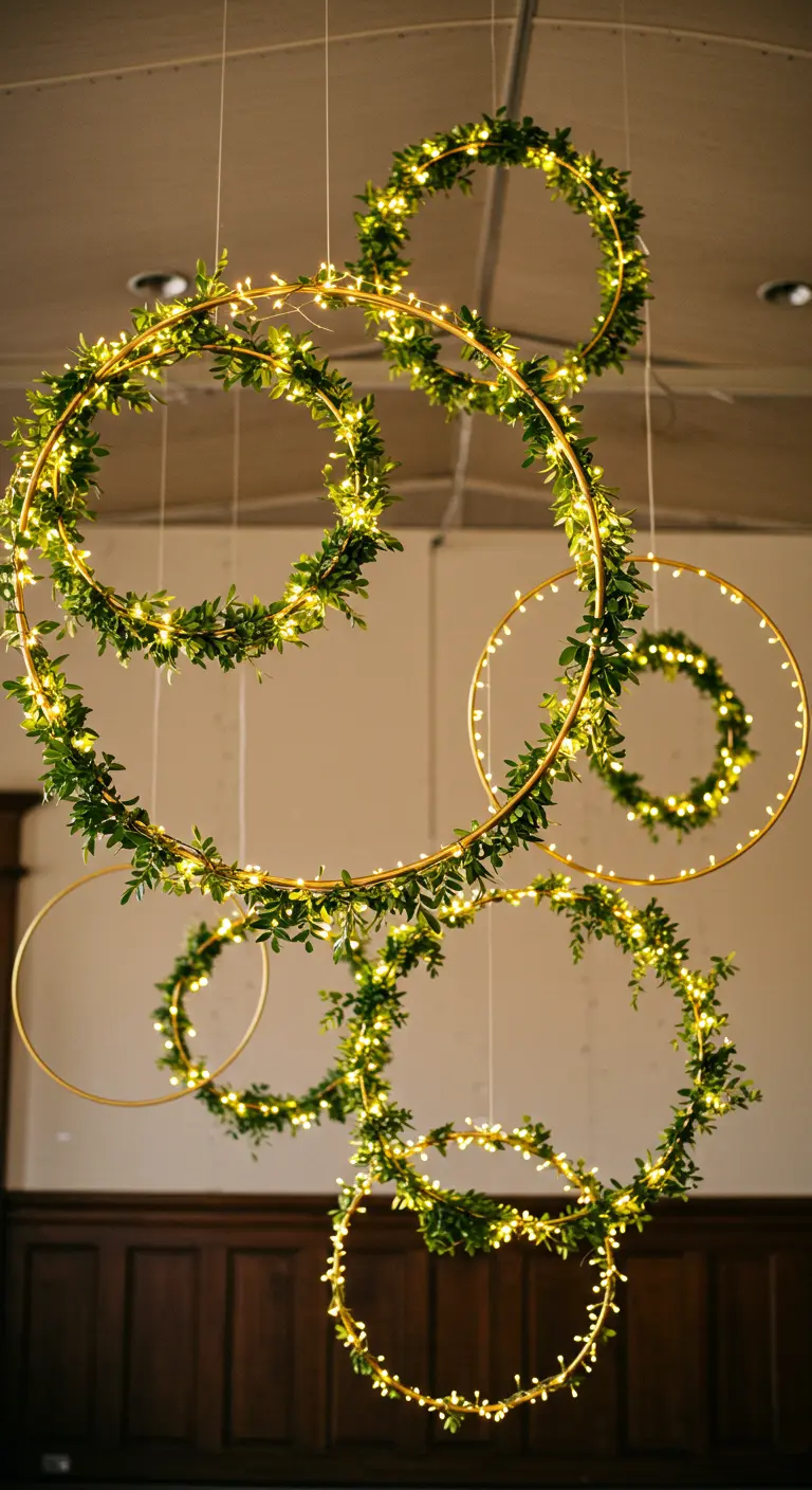 Plusieurs cerceaux dorés de différentes tailles, décorés de verdure et de lumières.