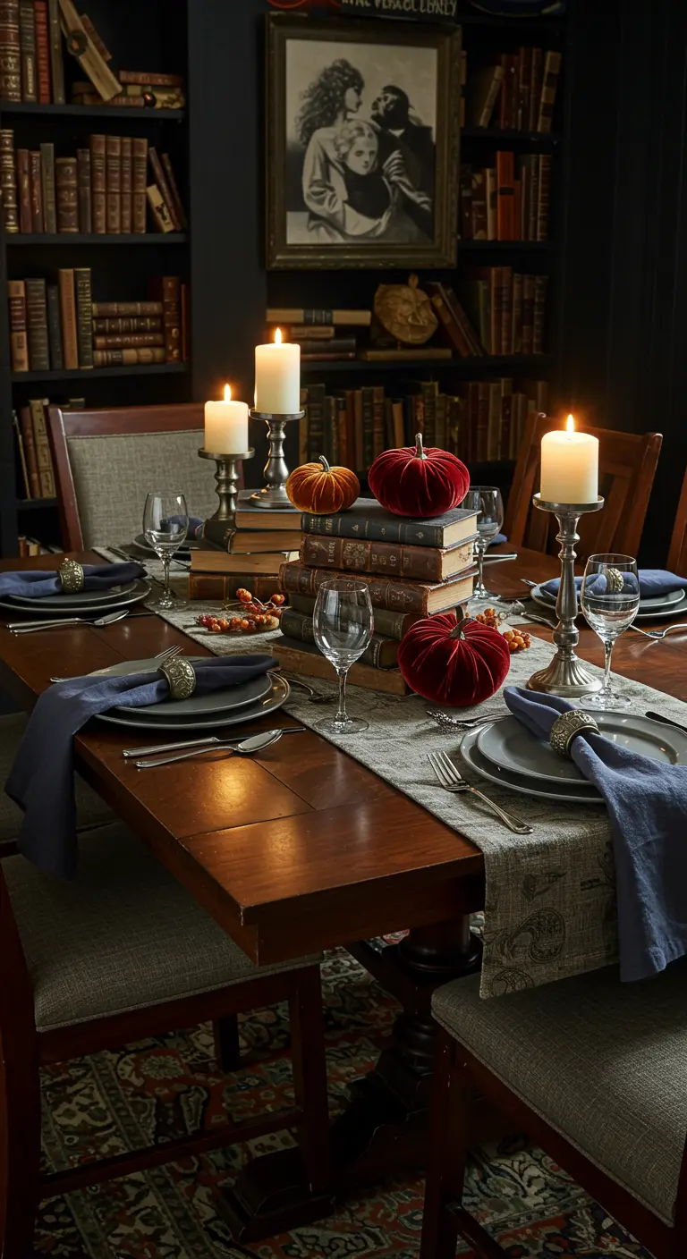 Centre de table avec des citrouilles en velours posées sur une pile de livres.