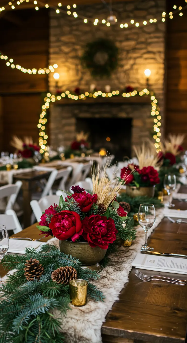 Décoration de table hivernale avec pivoines rouges, sapin et fausse fourrure.