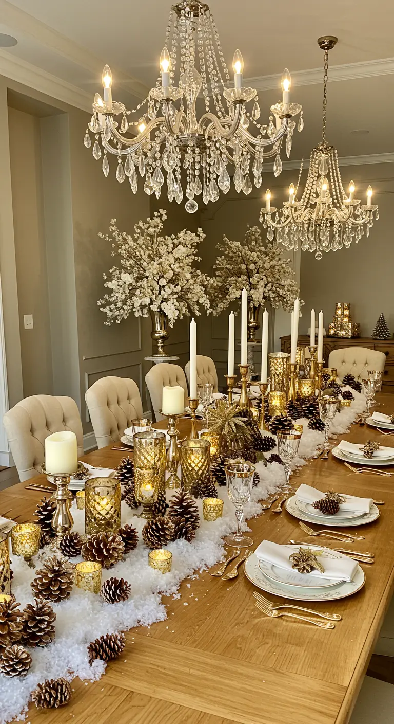 Table de fête glamour avec neige artificielle, pommes de pin et multiples bougeoirs dorés.