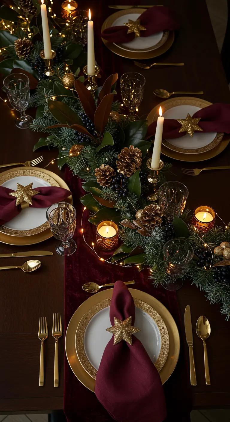 Table de fête bordeaux et or avec des bougies et des pommes de pin.
