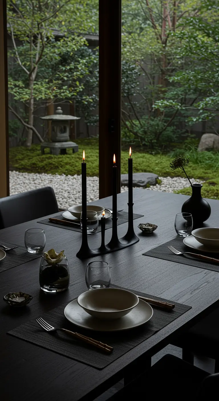 Table sombre et minimaliste avec de fines bougies noires, devant un jardin japonais.