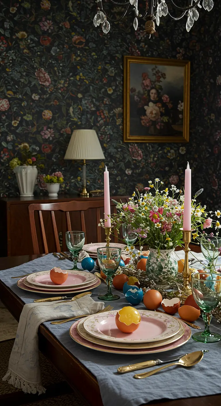Table de brunch élégante avec un papier peint floral sombre, de la vaisselle rose et des bougeoirs en laiton.